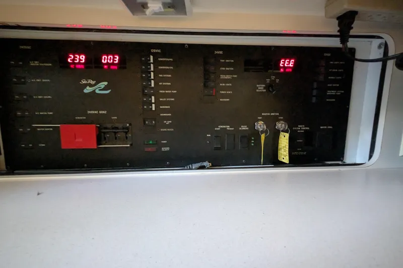 Slide: The Image of Control panel of a 1994 Sea Ray 500 Sundancer boat with digital displays and switches. - 43