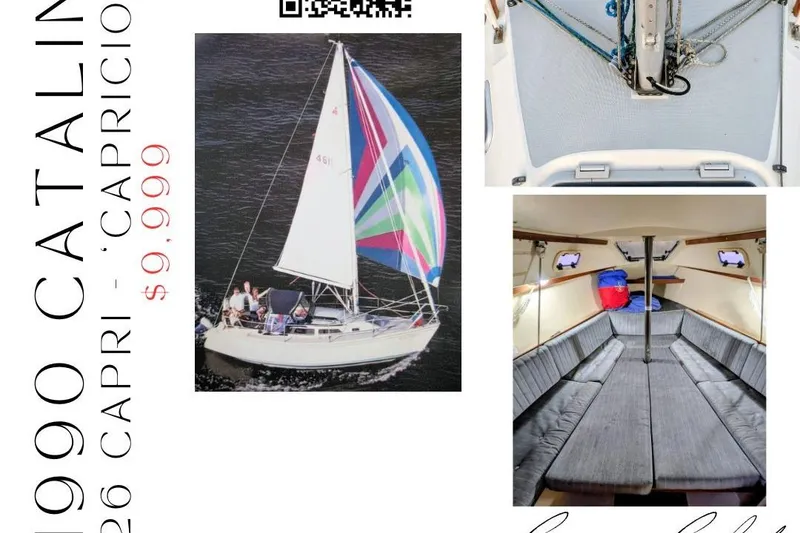 Slide: The Image of 1990 Catalina Capri 26 sailboat with colorful spinnaker, interior cabin view, priced at $9,999. - 2