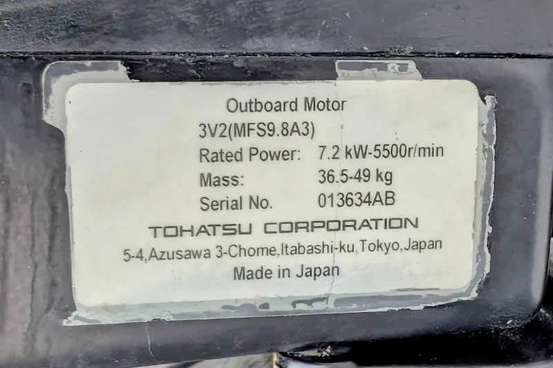 Slide: The Image of Label on Tohatsu outboard motor, model 3V2, rated 7.2 kW, made in Japan. - 35