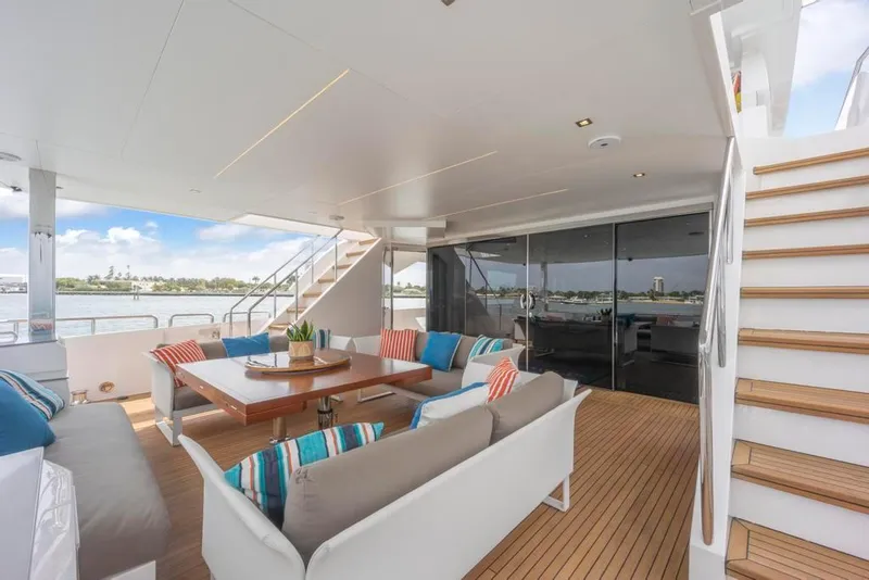 Slide: The Image of Aft Deck Sofas Cocktail Table and Stairs to Boat Deck - 14