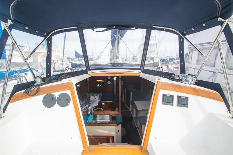Slide: The Image of Cockpit view of 1984 Catalina 36 sailboat with interior cabin details. - 5