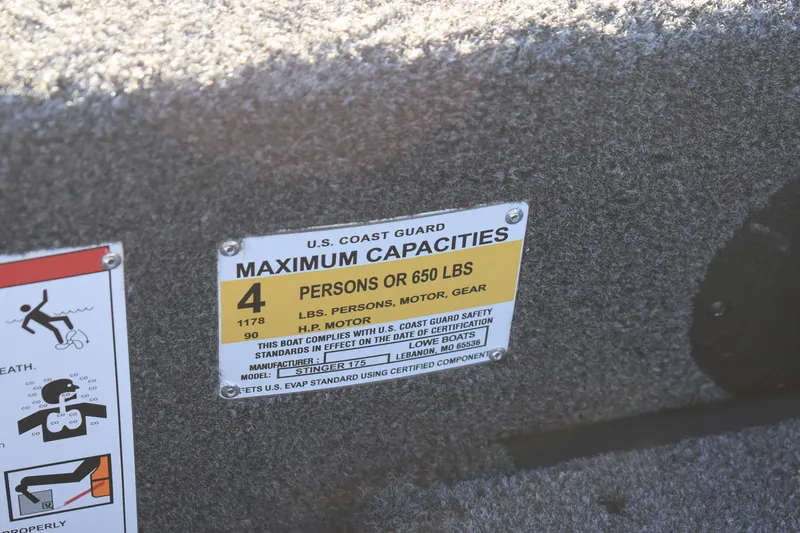 Slide: The Image of 2026 Lowe Stinger 175C boat capacity label, U.S. Coast Guard certified, 4 persons or 650 lbs. - 8