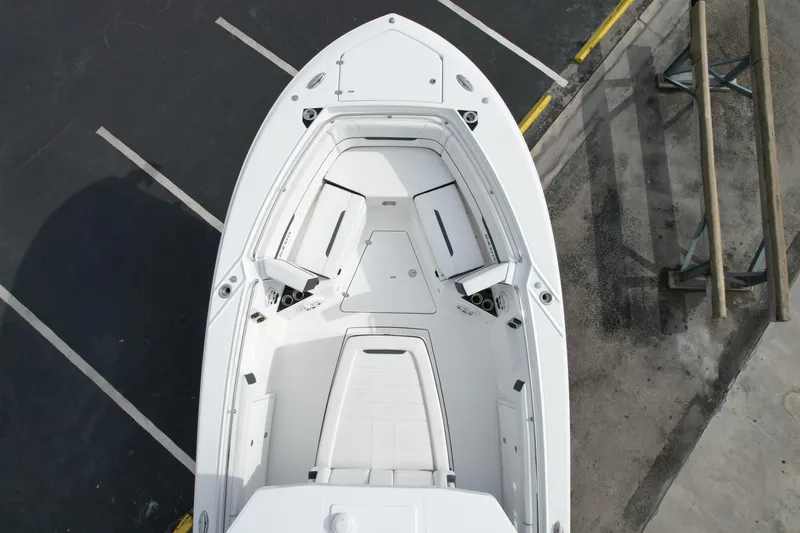 Slide: The Image of Aerial view of 2023 Blackfin 332 CC boat's spacious deck layout. - 46