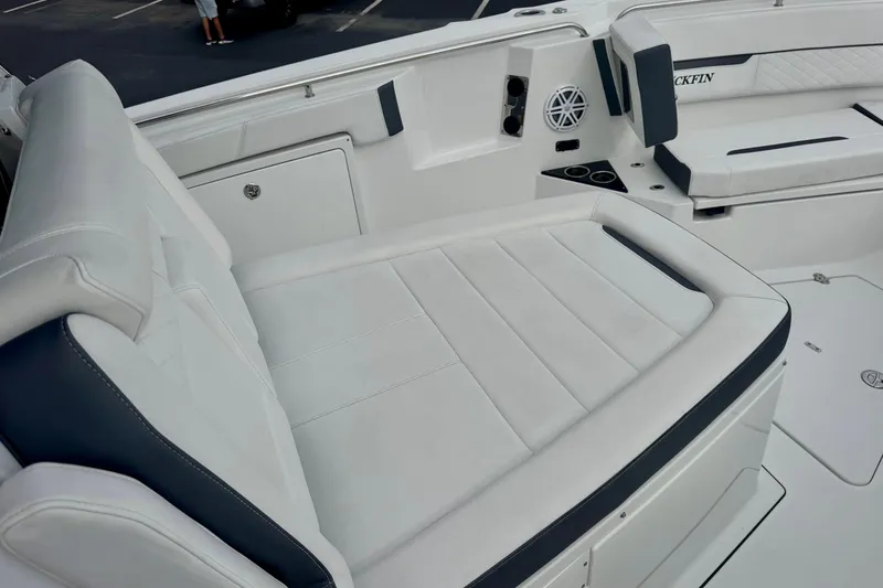 Slide: The Image of 2023 Blackfin 332 CC boat interior with luxurious seating and modern design. - 86