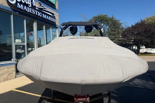Slide: The Image of 2020 Moomba Makai boat with cover at dealership, parked outside Majestic Marine. - 37