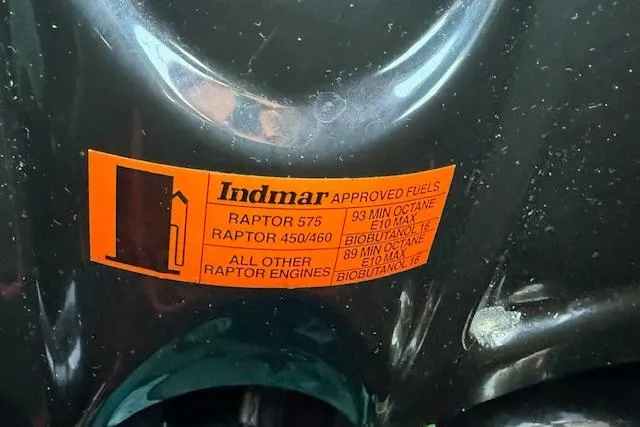 Slide: The Image of Indmar engine fuel label on 2020 Moomba Makai, detailing approved octane and ethanol levels. - 45