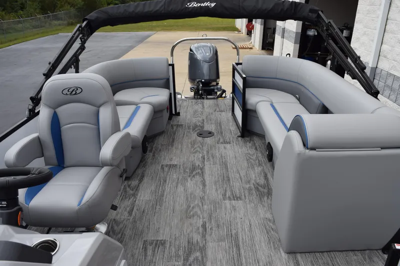 Slide: The Image of 2026 Bentley Pontoons Bolt 223 interior with gray seating and modern design. - 13