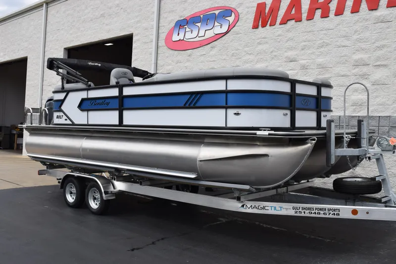 Slide: The Image of 2026 Bentley Pontoons Bolt 223 on trailer at GSPS Marine dealership. - 2