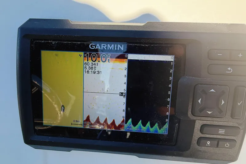 Slide: The Image of Garmin fishfinder display on 2019 Pioneer 175 Baysport boat, showing depth and temperature. - 9