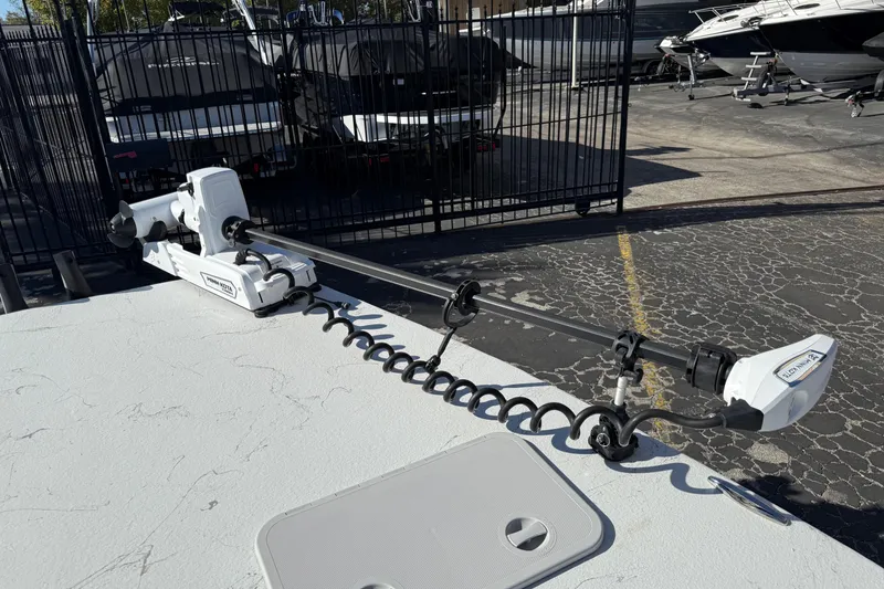 Slide: The Image of 2022 Shoalwater 23 Catamaran with Minn Kota trolling motor on deck. - 34