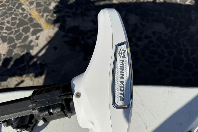 Slide: The Image of Minn Kota motor on 2022 Shoalwater 23 Catamaran, close-up view. - 36