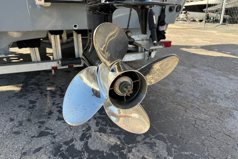 Slide: The Image of Propeller of 2022 Shoalwater 23 Catamaran on a trailer, close-up view. - 7