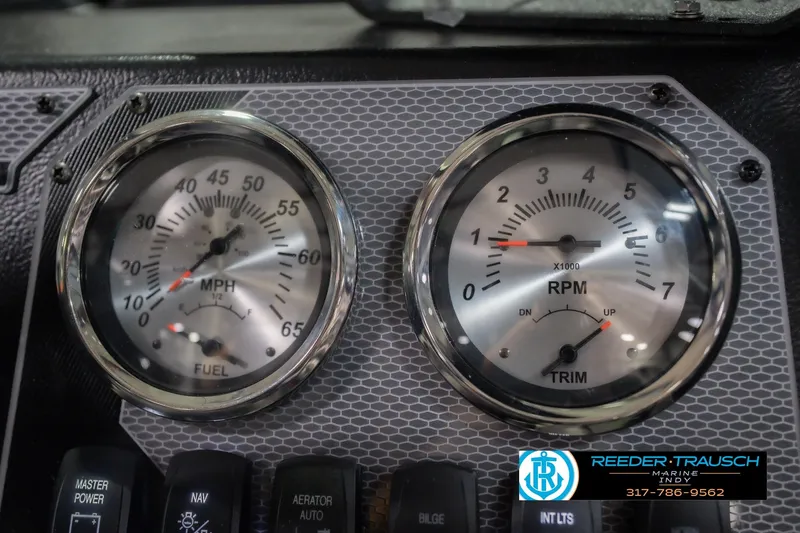 Slide: The Image of Dashboard gauges of 2026 Lund 1675 Adventure Sport boat, showing speed and RPM. - 37