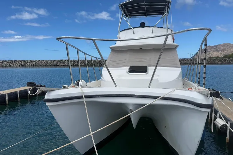 Slide: The Image of 2007 Baha Cruisers 340 King Cat docked in a serene marina setting. - 5