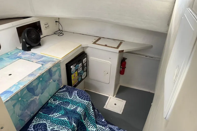 Slide: The Image of 2007 Baha Cruisers 340 King Cat cabin interior with fan, storage, and fire extinguisher. - 8