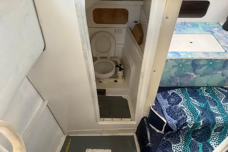 Slide: The Image of 2007 Baha Cruisers 340 King Cat interior with toilet and patterned seating. - 9