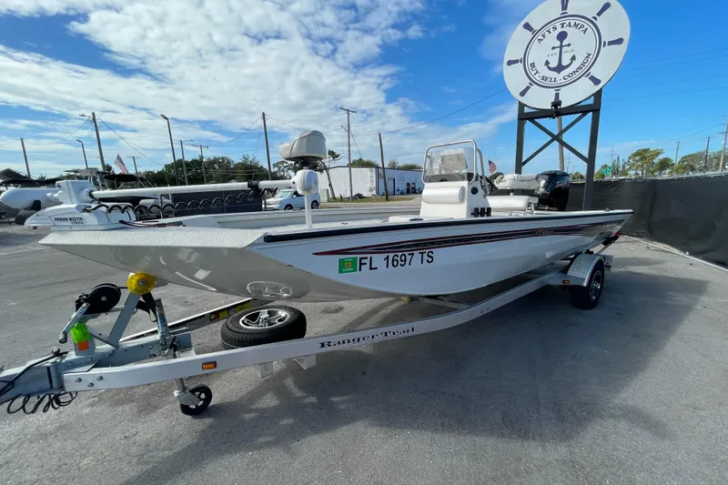 Slide: The Image of 2023 Ranger RB190 boat on trailer at dealership, clear sky background. - 6