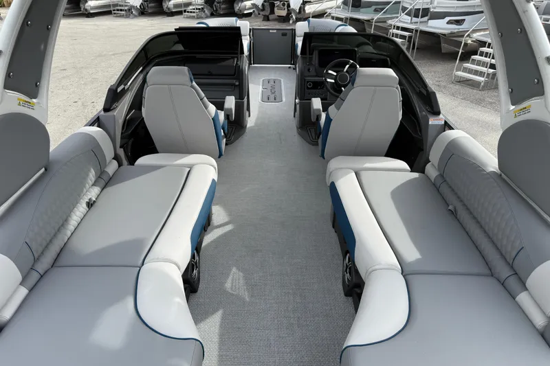 Slide: The Image of Luxurious interior of 2026 Avalon 2785 Excalibur LTD boat with spacious seating and modern design. - 12