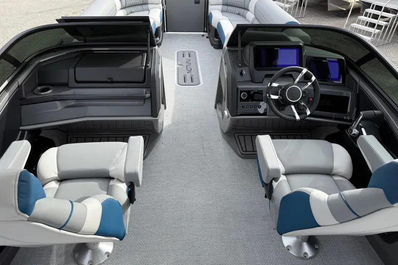 Slide: The Image of Luxurious 2026 Avalon 2785 Excalibur LTD boat interior with modern seating and advanced controls. - 13