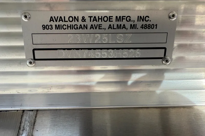 Slide: The Image of 2026 Avalon 2385 LSZ Rear Fish Tri Toon identification plate, Avalon & Tahoe MFG, Alma, MI. - 31