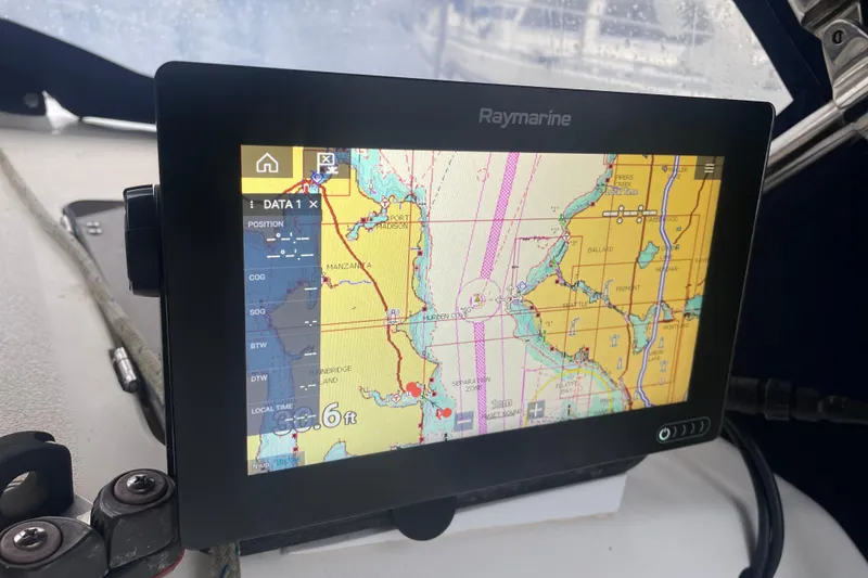 Slide: The Image of Raymarine navigation display on a 1989 Hunter 35.5 sailboat, showing nautical chart. - 19