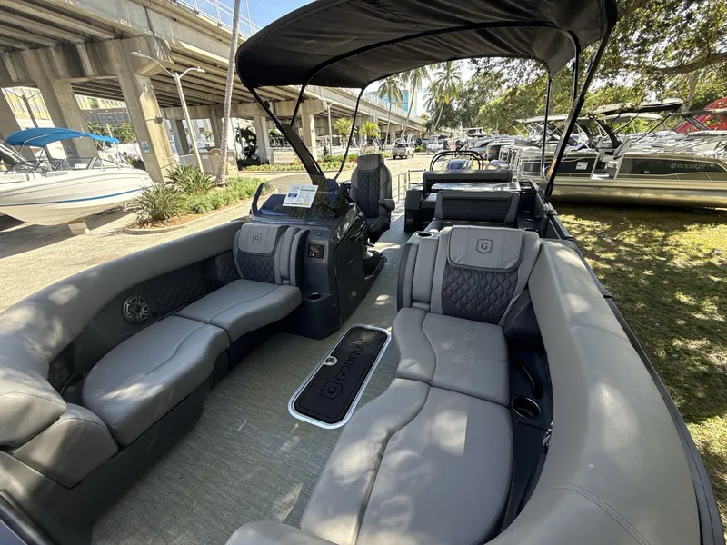 Slide: The Image of Luxurious 2026 Sanpan 2500 MTF pontoon boat with spacious seating and elegant design. - 10