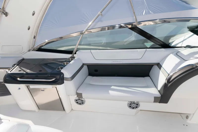 Slide: The Image of 2018 Formula 350 Crossover Bowrider interior with sleek seating and modern design. - 11