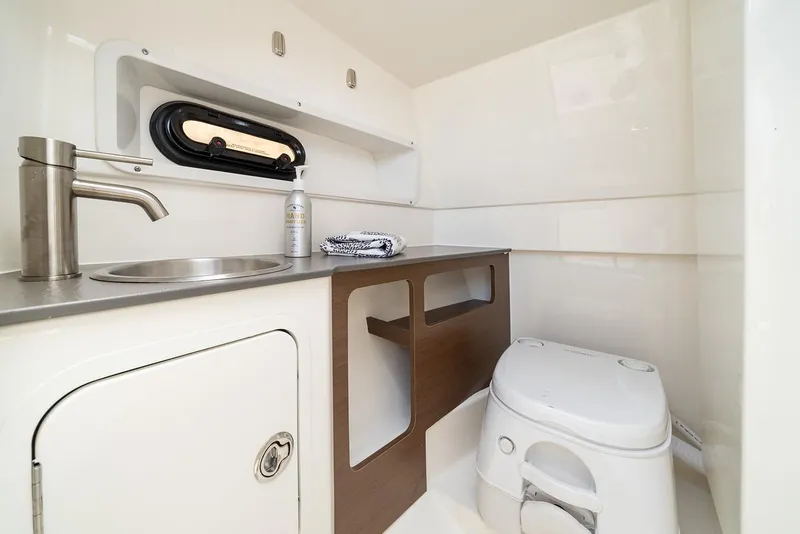 Slide: The Image of 2023 Sea Ray SDX 270 Outboard with Mercury engine, docked under clear blue sky. - 11