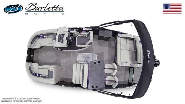 Slide: The Image of 2025 Barletta Boats C24UE pontoon, top view, showcasing spacious seating and modern design. - 7