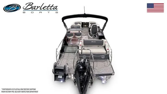 Slide: The Image of 2026 Barletta Boats C24UE pontoon with spacious seating and modern design, rear view. - 7