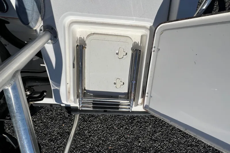 Slide: The Image of 2009 Boston Whaler 180 Dauntless boat ladder compartment, open with metal ladder visible. - 9