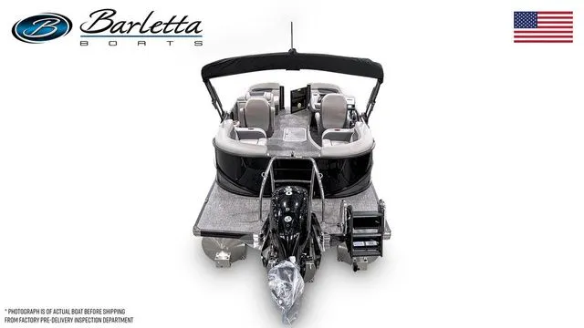 Slide: The Image of 2025 Barletta Cabrio C20QC pontoon boat, rear view, showcasing seating and motor. - 6