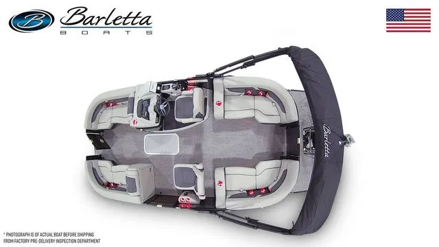 Slide: The Image of 2025 Barletta Boats Cabrio C20QC pontoon, top view, showcasing spacious seating and modern design. - 7