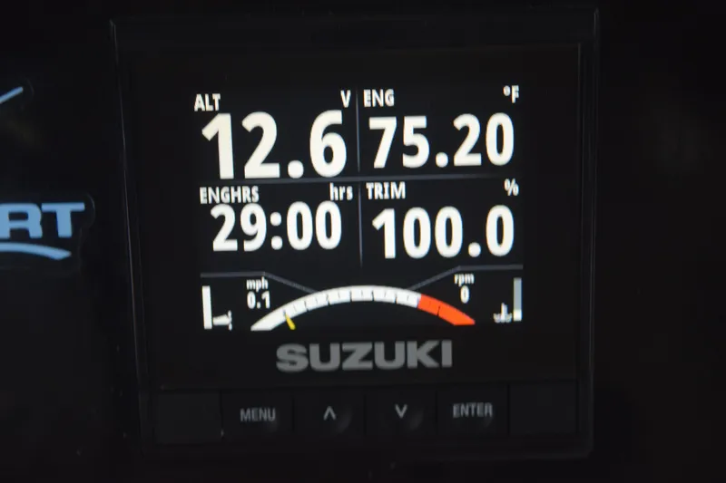 Slide: The Image of Dashboard display of a 2022 Aquasport 2300 Center Console boat, showing engine metrics. - 33