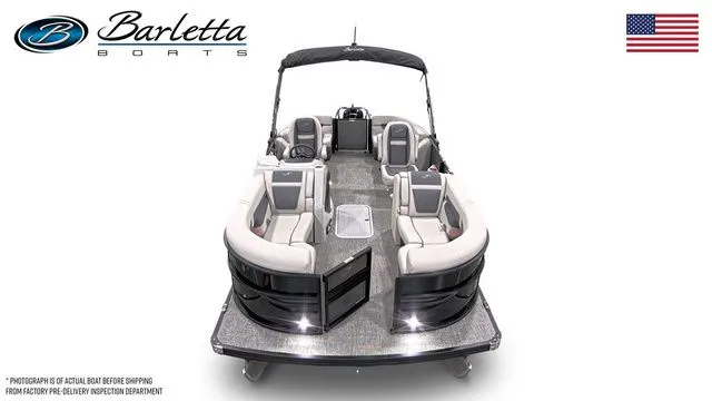 Slide: The Image of 2025 Barletta Boats Cabrio C20QC pontoon with luxurious seating and sleek design. - 5