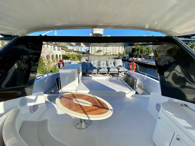 Slide: The Image of Luxurious 2007 Rodriquez 80 Widebody yacht deck with seating and table, docked in sunny marina. - 13