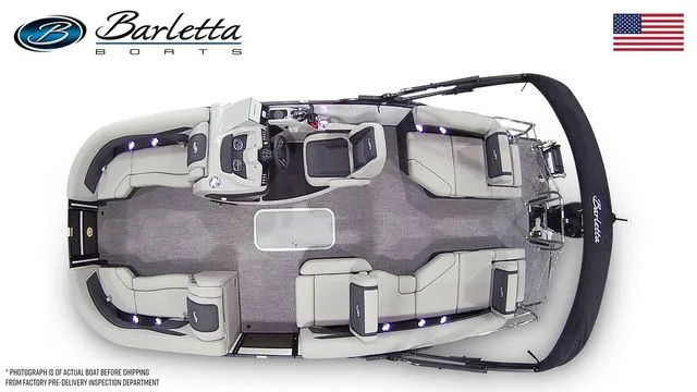 Slide: The Image of 2026 Barletta Cabrio 22M pontoon boat, top view, spacious seating, elegant design. - 7