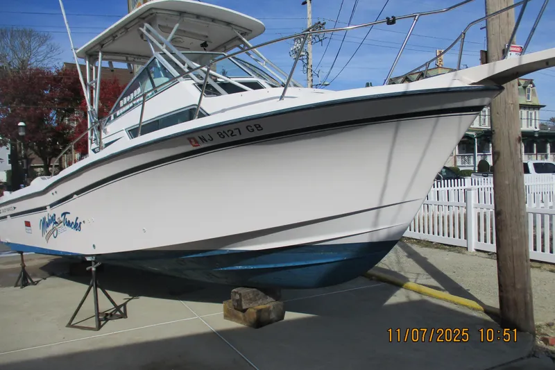 Slide: The Image of 1996 Grady-White Sailfish 272 boat on display, white hull, blue bottom, outdoor setting. - 15