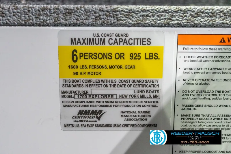 Slide: The Image of 2026 Lund 1700 Explorer Sport capacity label, 6 persons or 925 lbs, safety compliance details. - 57