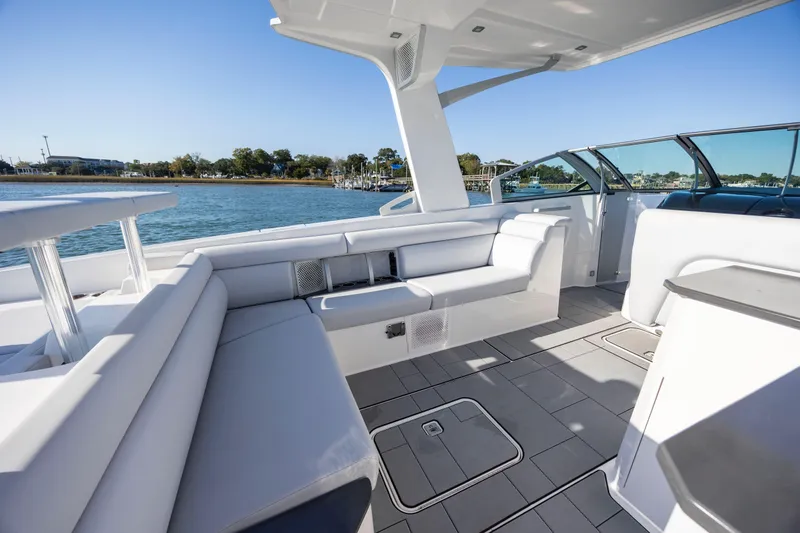 Slide: The Image of Luxurious 2023 Aviara AV32 OB boat interior with spacious seating and modern design. - 17