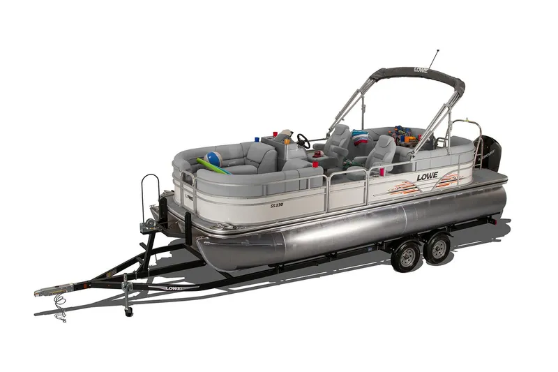 Slide: The Image of Manufacturer Provided Image: 2021 Lowe SS230 Walk-Thru pontoon boat cruising on a serene lake. - 13
