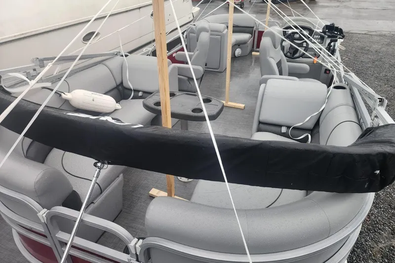 Slide: The Image of Manufacturer Provided Image: 2021 Lowe SS230 Walk-Thru pontoon boat, top view, spacious seating, colorful accessories. - 17