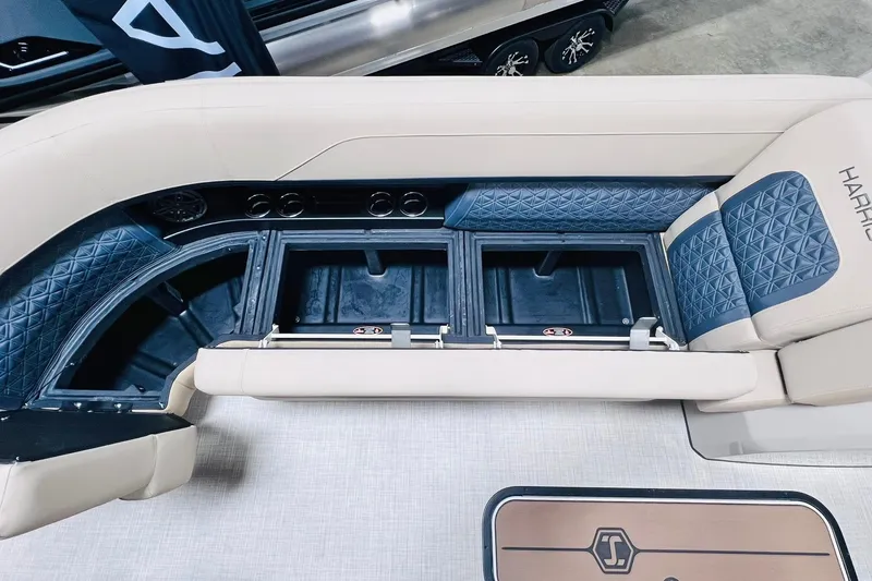 Slide: The Image of Luxurious seating and storage on 2025 Harris Solstice 250 boat, featuring elegant design and functionality. - 55