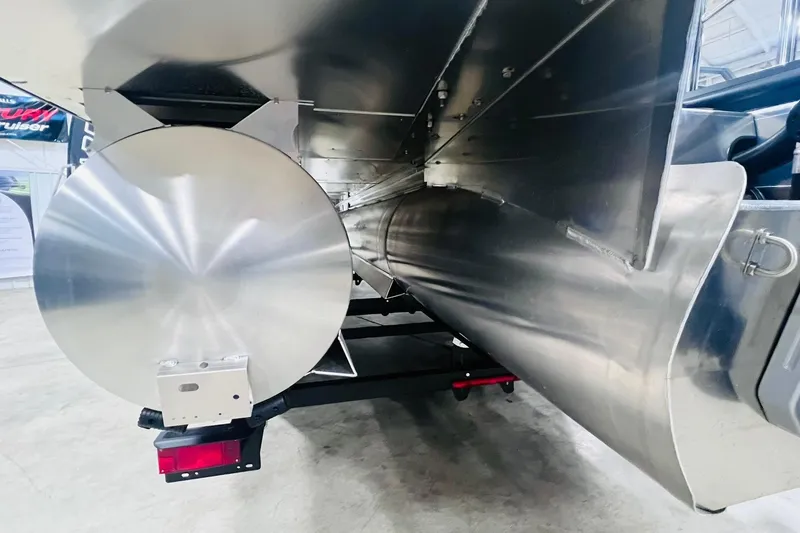 Slide: The Image of Close-up of 2025 Harris Solstice 250 pontoon boat's aluminum structure and trailer. - 63