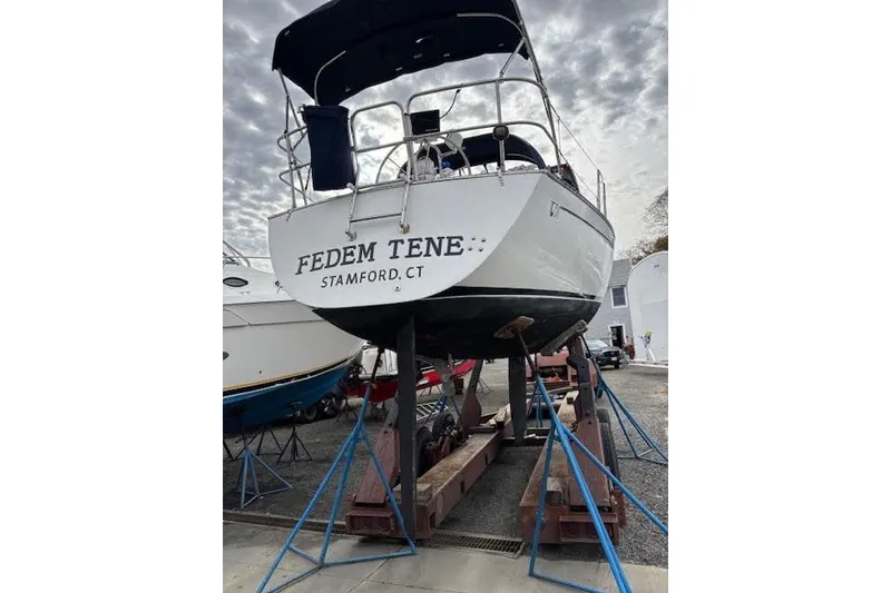 Slide: The Image of 1988 Tartan 31 Cutter Rigged Masthead Sloop on stands, Stamford, CT. - 2