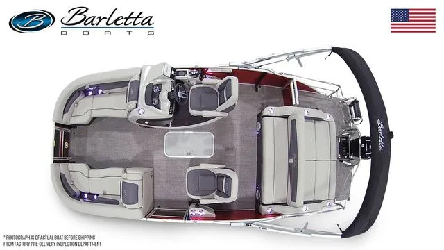 Slide: The Image of 2025 Barletta Boats Cabrio C22UC pontoon, top view, showcasing spacious seating and modern design. - 7