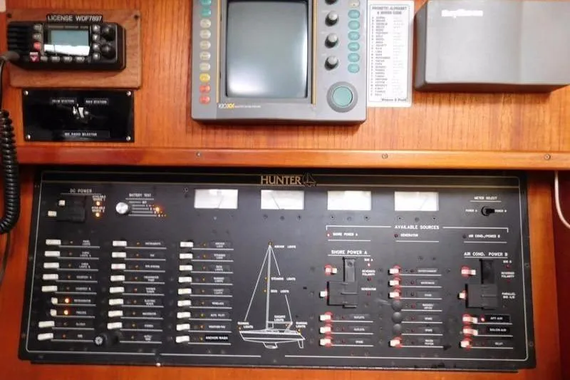 Slide: The Image of Control panel of a 1994 Hunter Passage 42 sailboat with navigation equipment. - 9
