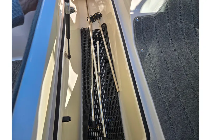Slide: The Image of Storage compartment in a 2018 Yamaha Boats SX190, featuring carpeted flooring and hydraulic support. - 15