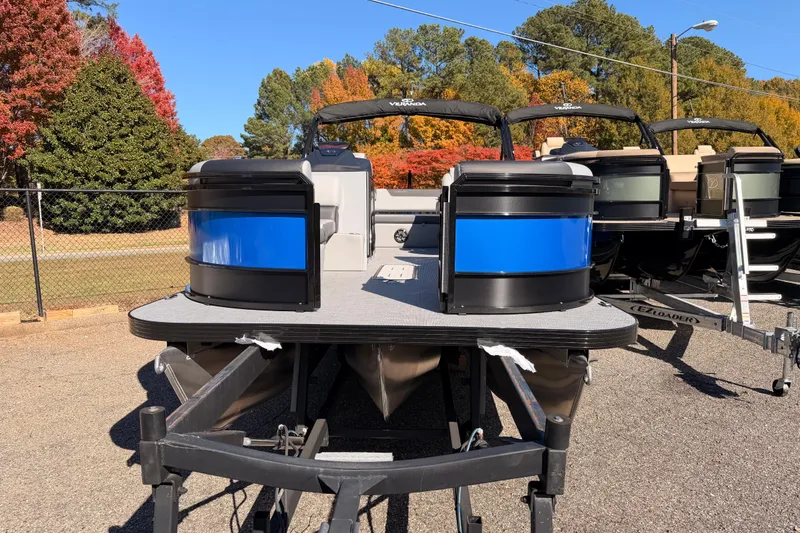 Slide: The Image of 2026 Veranda VR 235 VL pontoon boat displayed outdoors with autumn foliage background. - 3