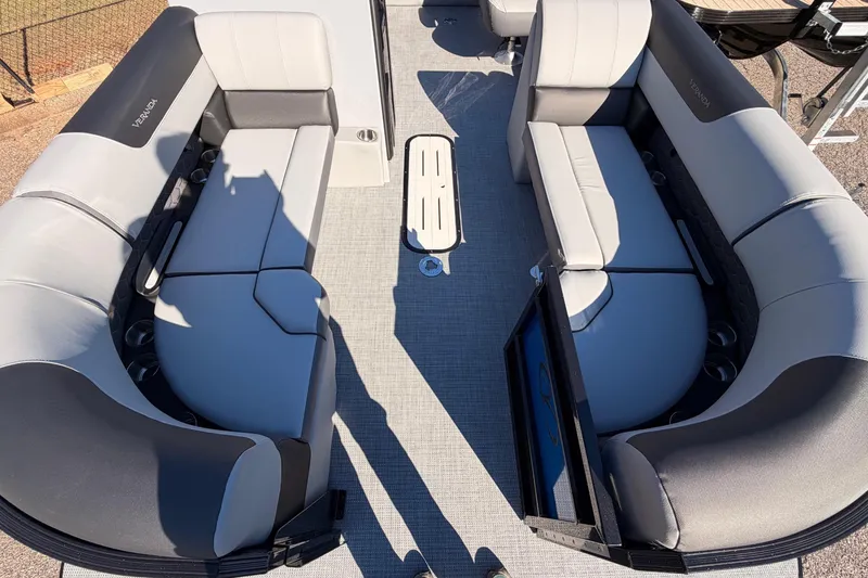 Slide: The Image of 2026 Veranda VR 235 VL pontoon boat interior with spacious seating and modern design. - 4